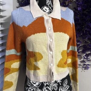 Honey YOC Colorblock Knit Cardigan Sunset Jacquard Button Front Size S